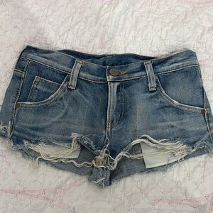 LaQuan Smith Distressed Blue Jean Shorts